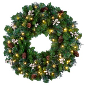 24" Prelit Silver Glitter Bristle Crestwood Spruce Artificial Wreath with Pine Cones & Gold Berries White Lights - National Tree Company - 1 of 4