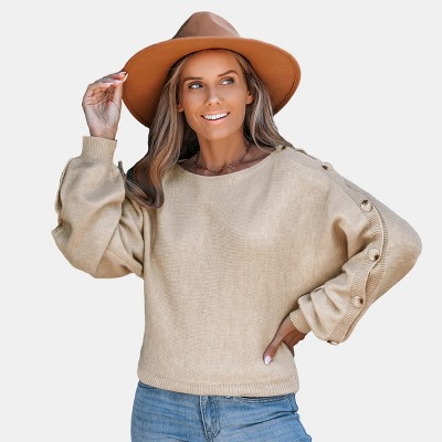 Women's Beige Knit Boatneck Long Sleeve Sweater - Cupshe