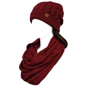 Wrapables Winter Warm Cable Knit Infinity Scarf and Beanie Set, Burgundy - 1 of 4