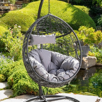 Rattan Hanging Basket Chair with Water Resistant Cushion,Outdoor Swing Chair with Metal Frame,Egg Chair for Patio or Garden-Cuddlewood
