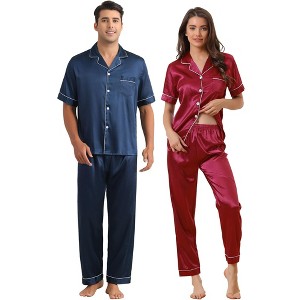 INSPIRE CHIC Couples Pajamas Sets Button Down Short Sleeve Casual 2 Pack Satin Sleepwear - 1 of 4