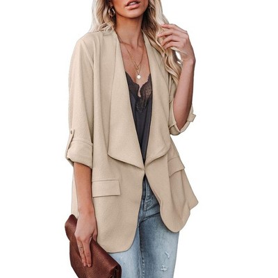 Womens Casual Jackets Fall Outfits for Lady Roll Up Open Front Blazer Longline Blazer Work Office Business Blazers