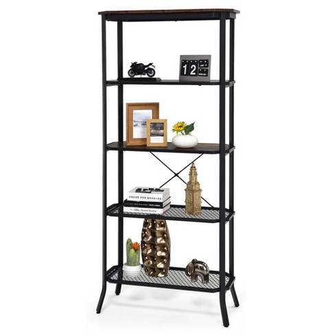 Nathan James Theo Industrial 5-Shelf Reclaimed Wood Ladder Bookcase with Oak Open Shelves and Black Metal Frame