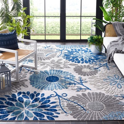 Grey and Blue Floral Synthetic 59" Square Easy-Care Rug