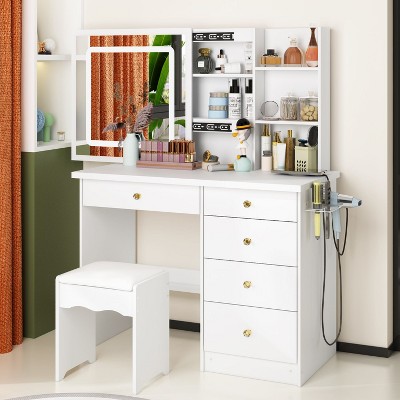 FUFU&GAGA White Vanity Set with Tricolor Lights Removable Makeup Mirror and Charging Stand