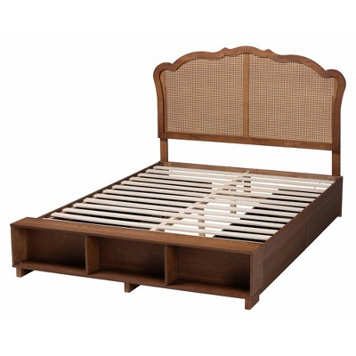 Latrell Walnut Brown Wood King Storage Bed with Rattan Headboard