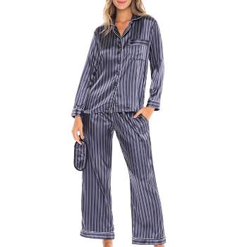 ADR Women's Satin Pajamas Set, Button Down Long Sleeve Top and Pants with Pockets, Silk like PJs with Matching Sleep Mask