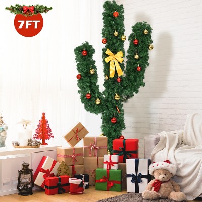 Tangkula 7'Artificial Cactus Christmas Tree Pre-Lit Optical Fiber w/ LED Lights & Ball Ornaments