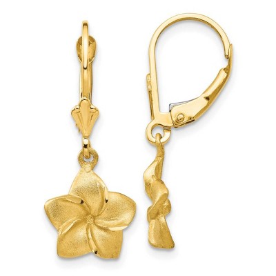 Black Bow Jewelry 11mm Satin and Diamond Cut Plumeria Dangle Earrings in 14k Yellow Gold