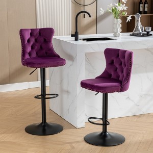 Velvet Bar Stools Set of 2 with Adjustable 25-33" Height, Tufted Back, Hand-Hammered Rivets, and 17.7" Base for Home, Pub, or Kitchen Island - 1 of 4