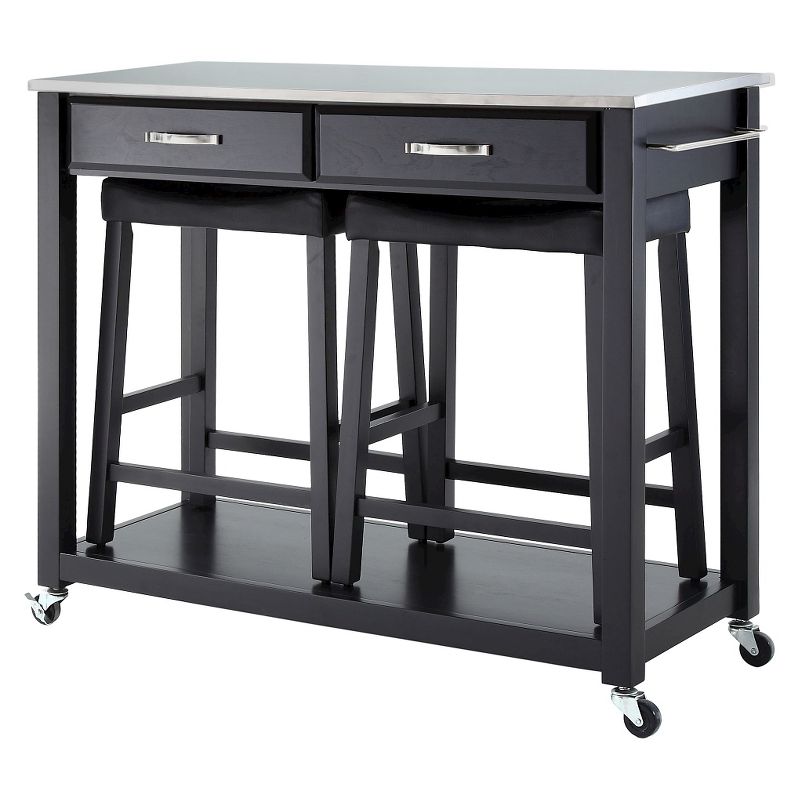 Stainless Steel Top Kitchen Cart/Island - Black with 24&#34; Black Upholstered Saddle Stools - Crosley, 3 of 9