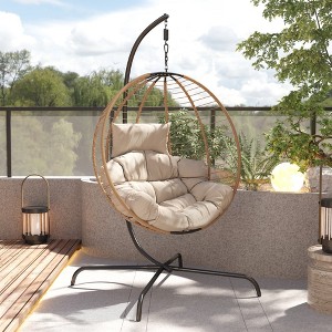 Outdoor Hanging Chair with Stand, Wicker Hanging Chair with Cushion for Patio or Balcony, Indoor Outdoor Hanging Chair with Rattan Rope Accent-Koiai - 1 of 4