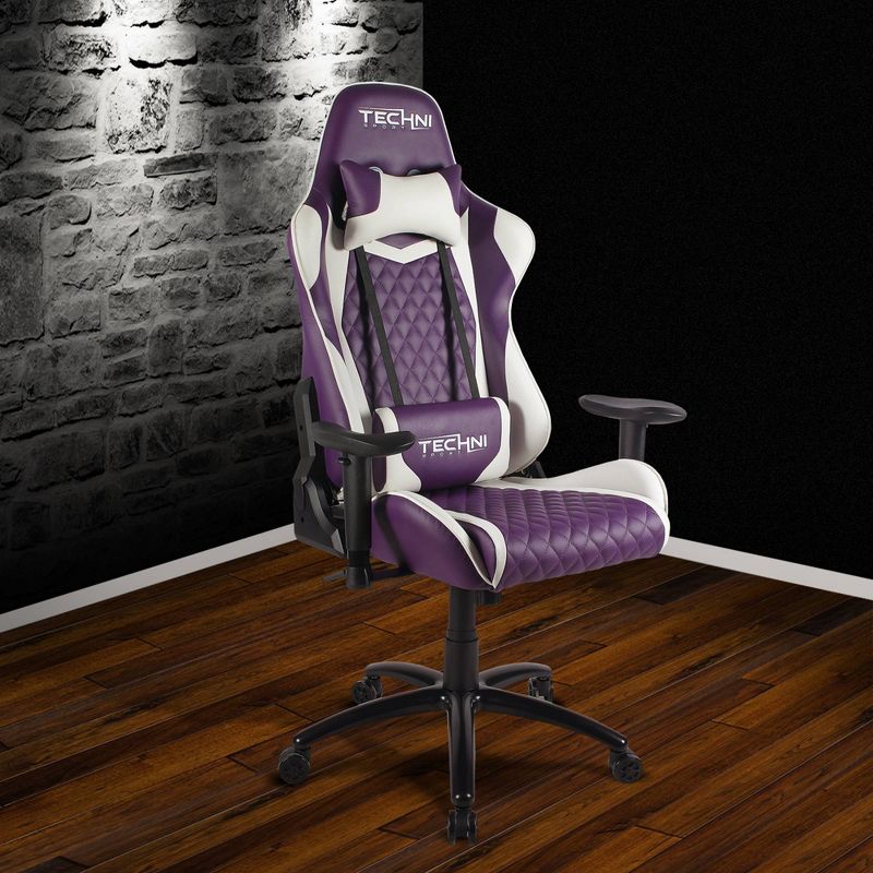 Ergonomic High Back Racer Style Video Gaming Chair Purple/White - Techni Sport, 6 of 14
