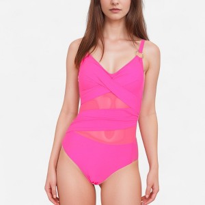 Anna-Kaci Swim Women's Mesh Panel One Piece Swimsuit with Crossover Bust Detail Gold Ring Straps and Contouring Waist Wrap Design - 1 of 4