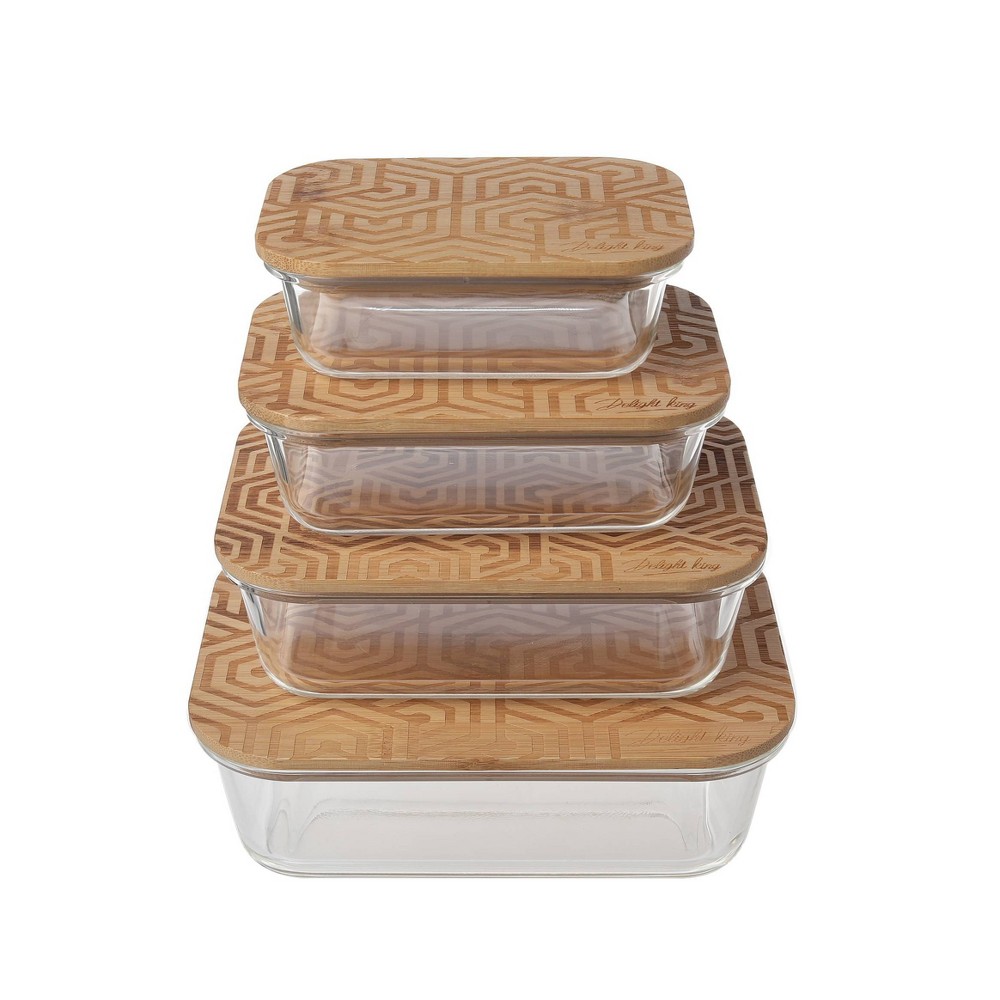 Delight King 8pc High Borosilicate Glass Food Storage Containers with Engraved Hexagonal Bamboo Lids