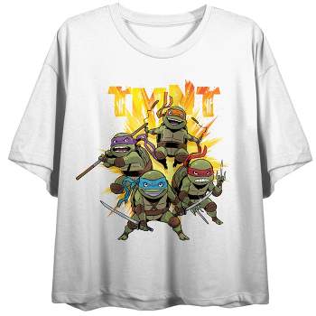 World of TMNT Turtles and Logo Women's White Short Sleeve Crew Neck Crop Tee