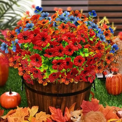 Attop 2(RD+OR+BL) 6 Bundles UV-Resistant Artificial Fall Flowers for Outdoor Decor - Orange & Yellow Faux Mums & Eucalyptus Plants