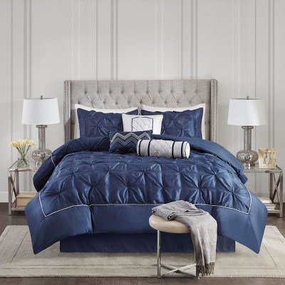 Kumasinova 7Pcs Tufted Polyester Comforter Set,All Season Luxury Bedding Set with Comforter,Sheets,Shams&Decor Pillows,Machine Washable,Navy