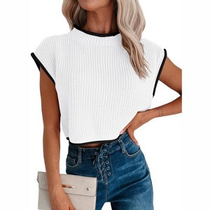 Coolmee Women's Cap Sleeve Crop Tops Summer High Neck Contrast Color Sweater Vest Ribbed Knit Sleeveless Tank Top - 1 of 4