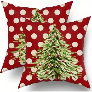 Lomsoe 2pcs Contemporary Style Short Plush Christmas Pillow Covers, Xmas Tree Green Red Polka Dots,,Farmhouse Holiday Decor. - 1 of 4