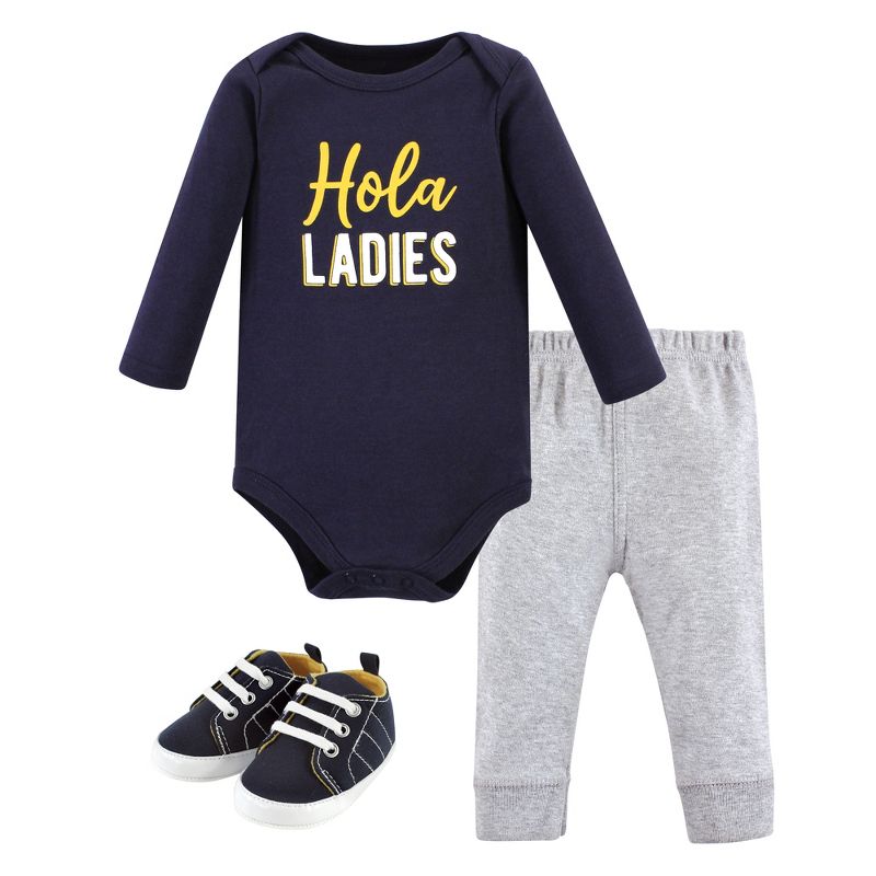Hudson Baby Infant Boy Cotton Bodysuit, Pant and Shoe Set, Hola Ladies Long Sleeve, 1 of 6