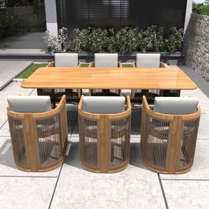 Moda Furnishings 6 - Person Acacia Wood Rope Weaving Patio Outdoor Dining Set With Cream Cushions - 1 of 4