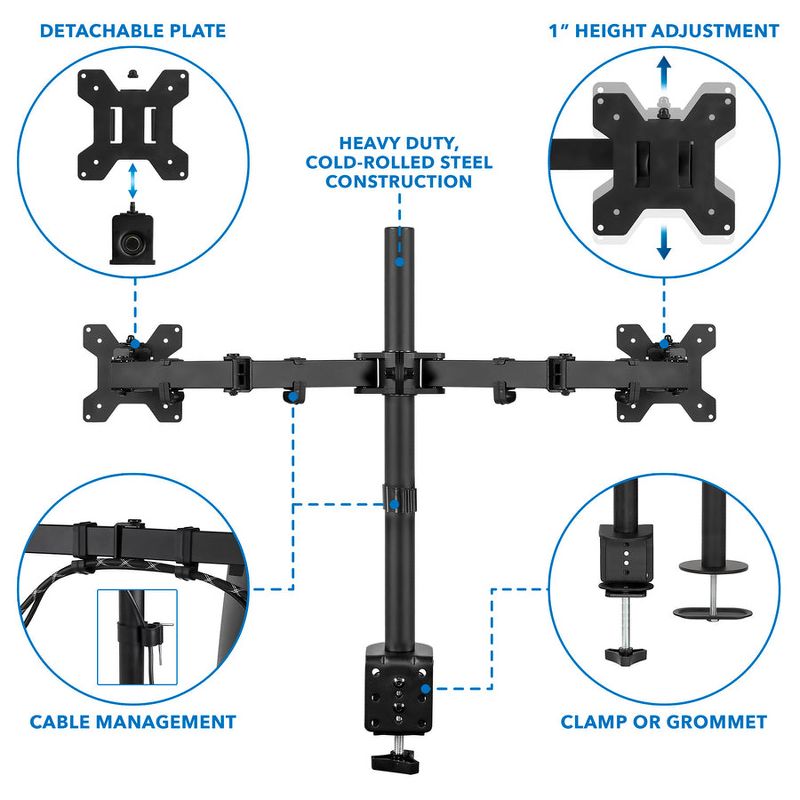 Mount-It! Dual Monitor Mount | Double Monitor Desk Stand | Two Full Motion Adjustable Arms Fit 2 Computer Screens 17 - 32 in. | C-Clamp & Grommet Base, 5 of 10