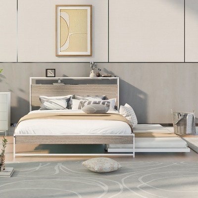 Okak Queen Platform Bed Frame with Metal Slats Bed with Trundle USB Ports Noise-Free No Springs Required Easy Assembly, White