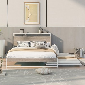 Okak Full/Queen Platform Bed Frame with Metal Slats Bed with Trundle USB Ports Noise-Free No Springs Required Easy Assembly - 1 of 4