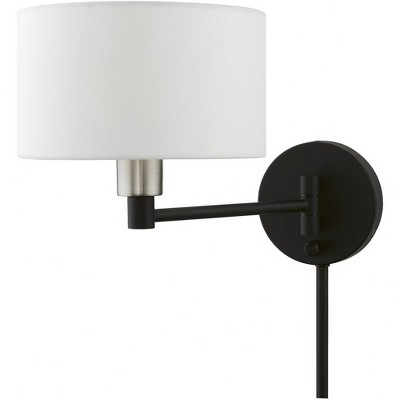 Black and Brushed Nickel Swing Arm Wall Lamp with Off-White Shade