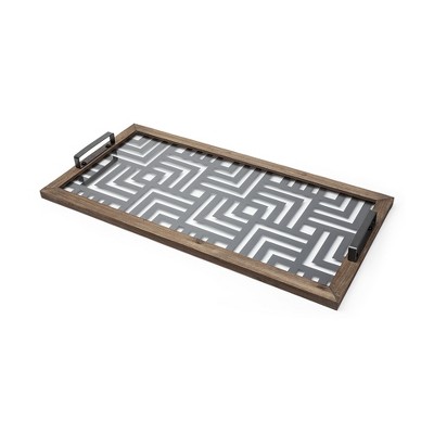HomeRoots 32" Brown and Black Glass Metal And Wood Geometric Serving Tray With Handles