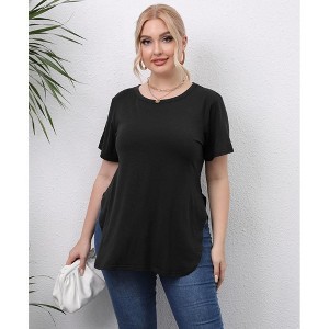 Women's Round Neck Split Hem Short Sleeve T-Shirt Casual Basic Stretchy Cotton Tee Summer Top - 1 of 4
