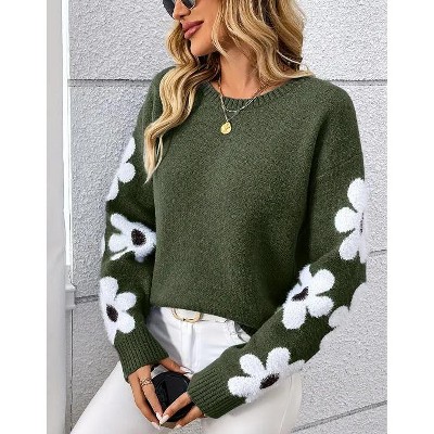 Women's Floral Round Neck Long Sleeve Jacquard Pullover Sweater//
