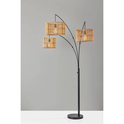 Bohemian Bronze 3-Light Arc Floor Lamp with Rattan Shades