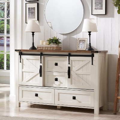 SinCiDo Farmhouse 48" Dresser w/4 Drawers & 2 Barn Doors, Chest of Drawers & Rustic TV Stand w/Adjustable Shelf for Living Room