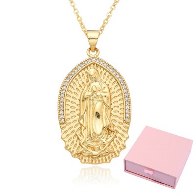 Gold Plated Necklace - Virgin Mary Pendant, 18K Gold Plated, Cubic Zirconia Embellishment, Religious Style, Presented in Luxury Gift Box