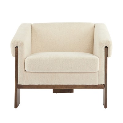 Lirago,Mid-Century Modern Accent Chair with Beige Fabric, Deep Cushions & Wide Armrests-Retro Elegance for Living Room & Office