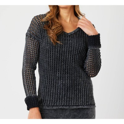 Women's Crochet V-Neck Sweater - Angel Apparel