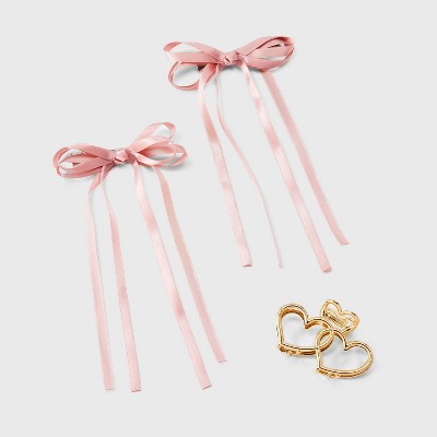 Valentine's Day Heart Hair Claw Clip and Hair Bow Set 3pc - A New Day™ Pink/Gold