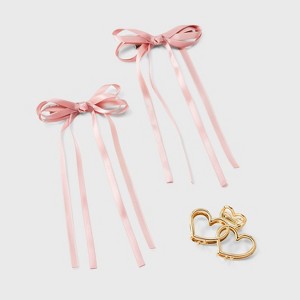 Valentine's Day Heart Hair Claw Clip and Hair Bow Set 3pc - A New Day™ Pink/Gold - 1 of 4