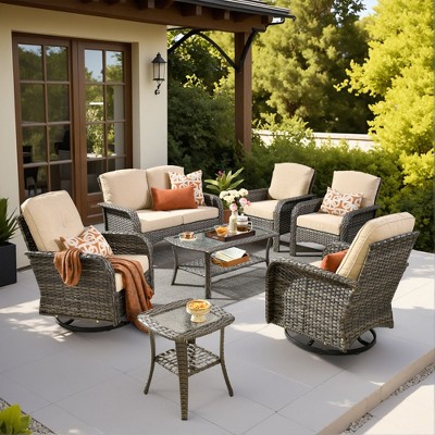 XIZZI Outdoor Patio Swivel Chair Conversation Set, 3/5/7/8 Piece Sofa Sets w/ Side Table, 360° Swivel Seats & Optional Coffee Table/Loveseat