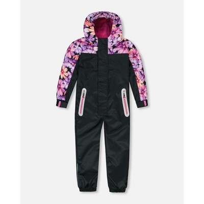 Deux par Deux Girl Mid-Season One-Piece Outerwear Black with Pink and Orange Flowers