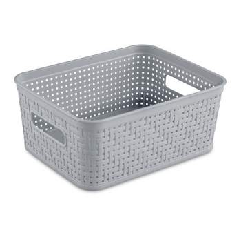 Sterilite 10x8x4.25 Inch Rectangular Weave Pattern Short Basket w/ Handles for Pantry, Bathroom & Laundry Room Storage Organization, Cement (32 Pack)