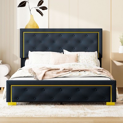 NicBex Queen Upholstered Bed Frame with Button Tufted Velvet Headboard,Platform Bed Frame with Gold Metal Wire and Metal Feet,Easy Assembly