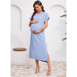 Women's Maternity Summer Dress Short Sleeve Crew Neck Pregnancy Clothe Fine Ribbed Baby Shower Dress - 1 of 4