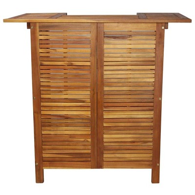Solid Acacia Wood Brown Patio Bar Table with Storage Shelves