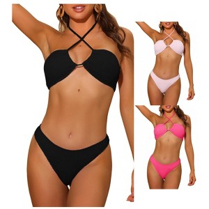 INSPIRE CHIC Women's Halter Bandeau Ribbed Strapless Lace Up Swimwear Bikini Combination Sets - 1 of 4