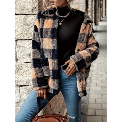 Womens Coat Double Fleece Plaid Button Down Collar Pocket Coat