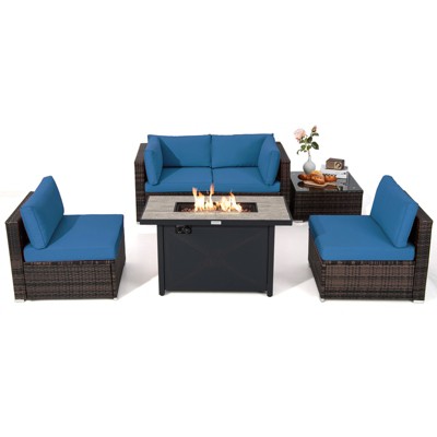 Tangkula 6 Pieces Outdoor PE Rattan Wicker Sectional Sofa with 42" 60,000 BTU Gas Fire Pit Table, Patio Conversation Set with Tempered Glass Coffee Table Black/Navy Blue/Red/Turquoise/Off White
