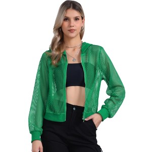 INSPIRE CHIC Women's Zip Up Long Sleeve Mesh Sheer Hoodie Bomber Jackets - 1 of 4